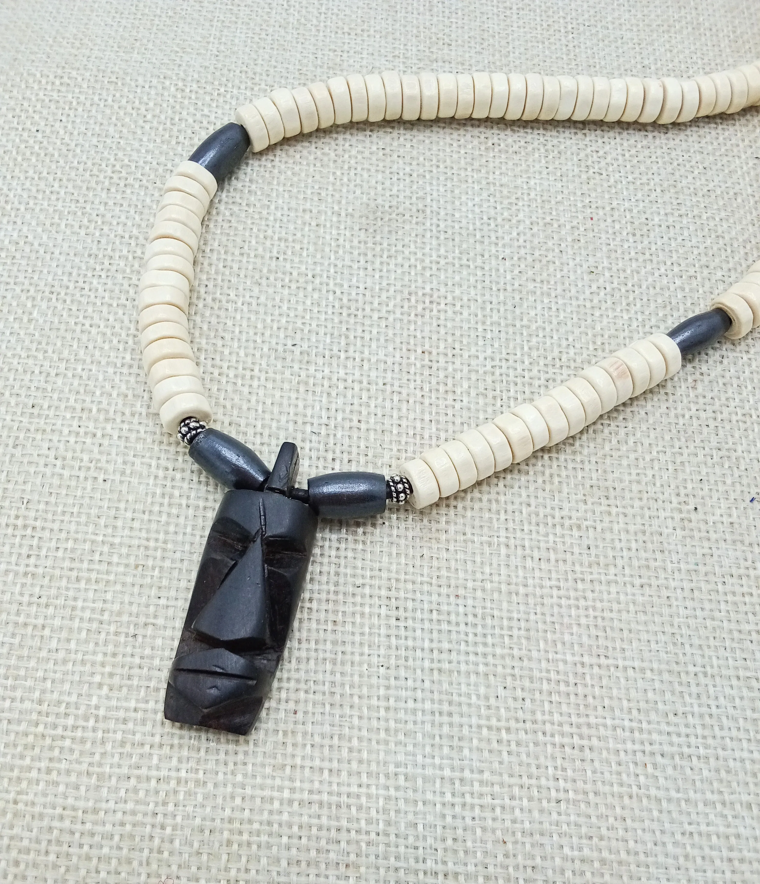 African Wooden Pendant Beaded White Men Gift for Him Black Owned