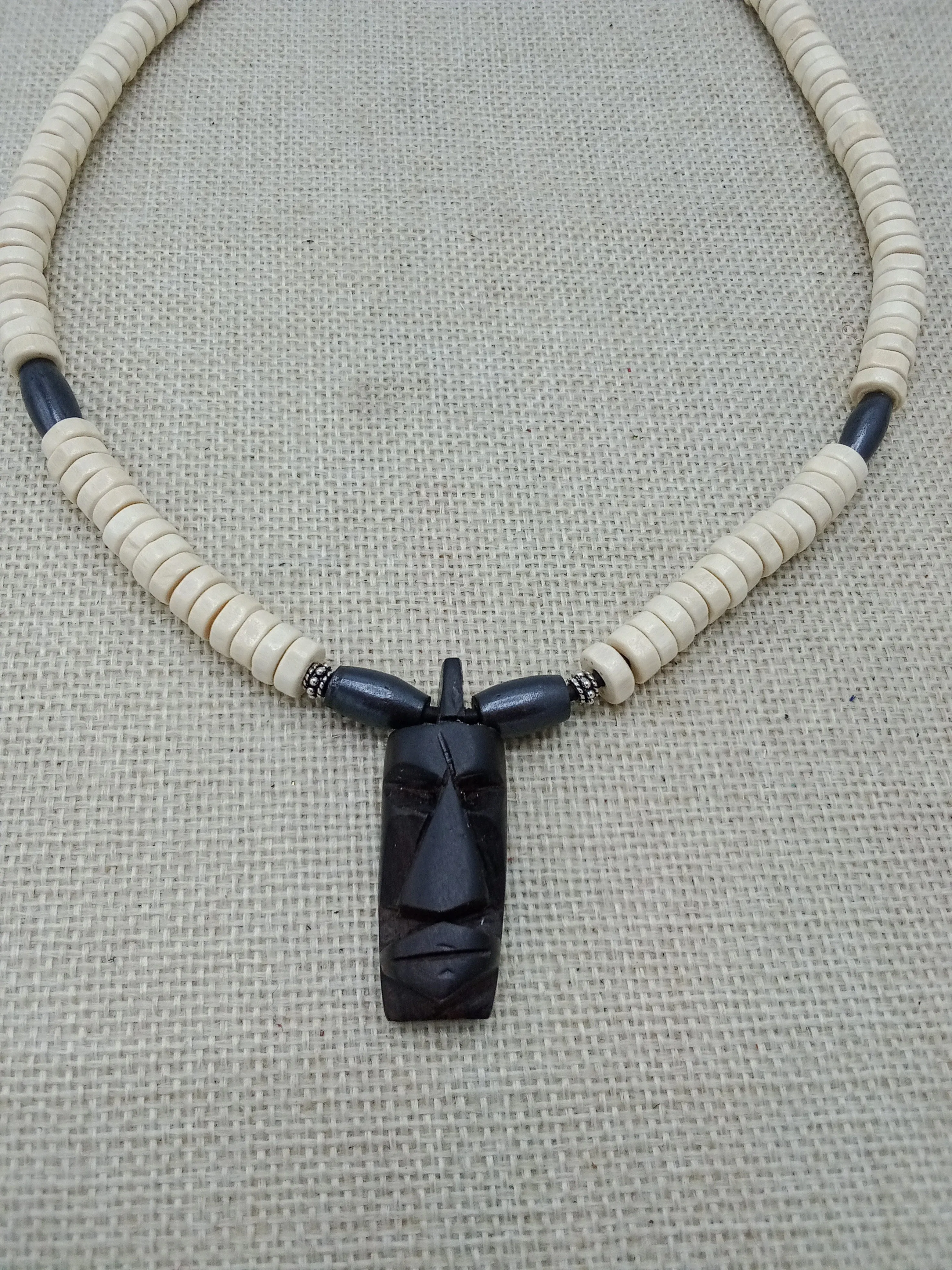 African Wooden Pendant Beaded White Men Gift for Him Black Owned