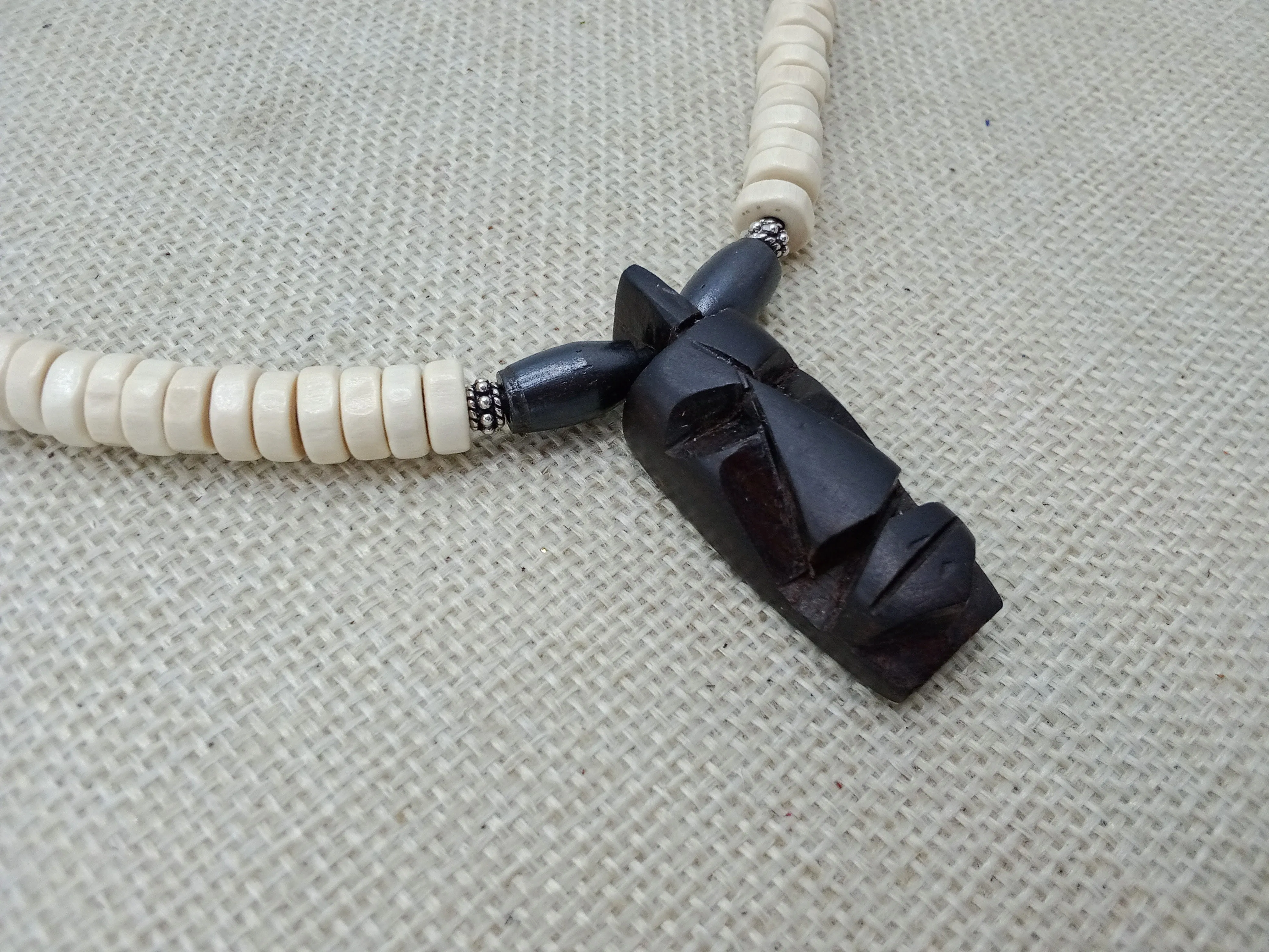 African Wooden Pendant Beaded White Men Gift for Him Black Owned