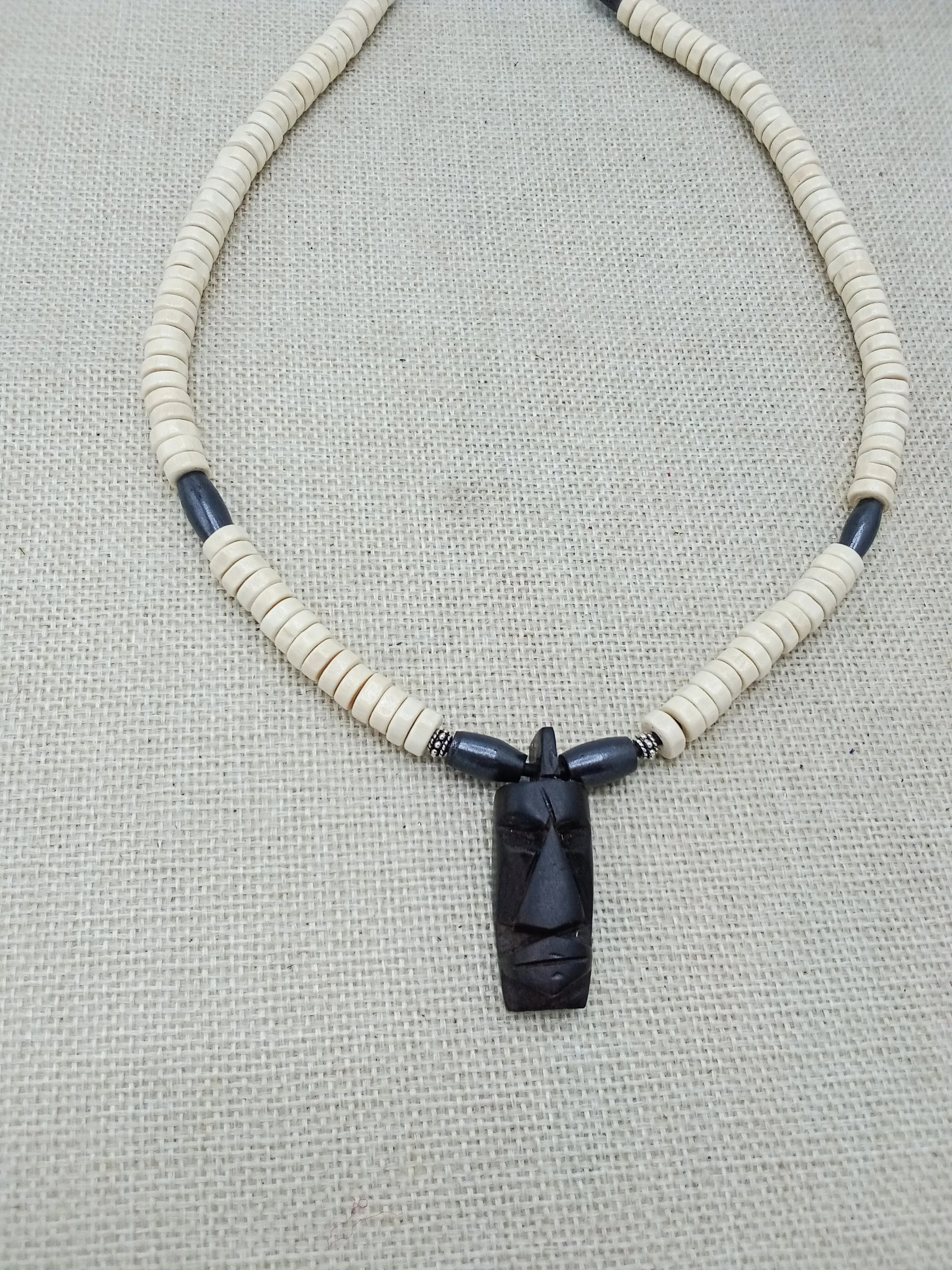 African Wooden Pendant Beaded White Men Gift for Him Black Owned