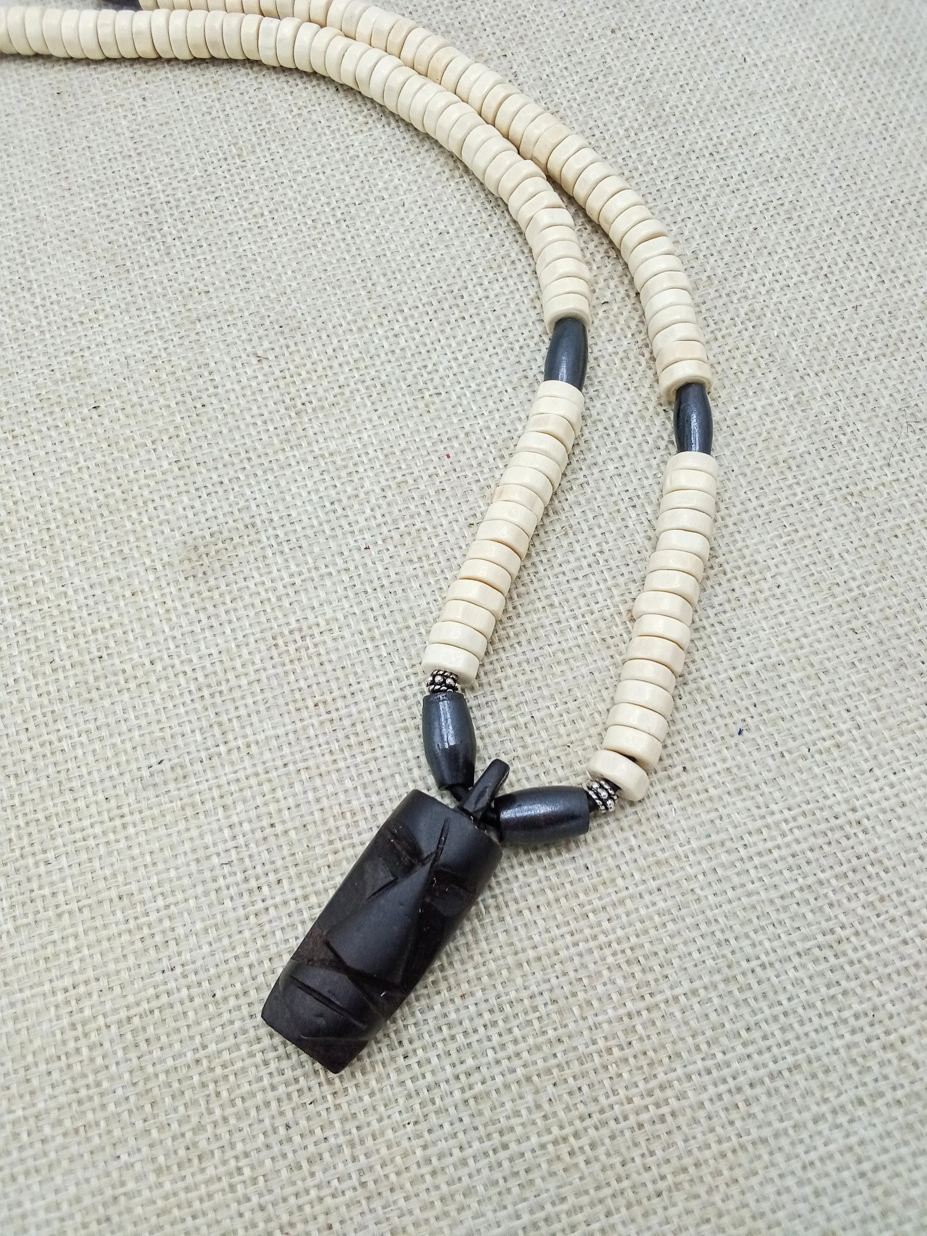 African Wooden Pendant Beaded White Men Gift for Him Black Owned