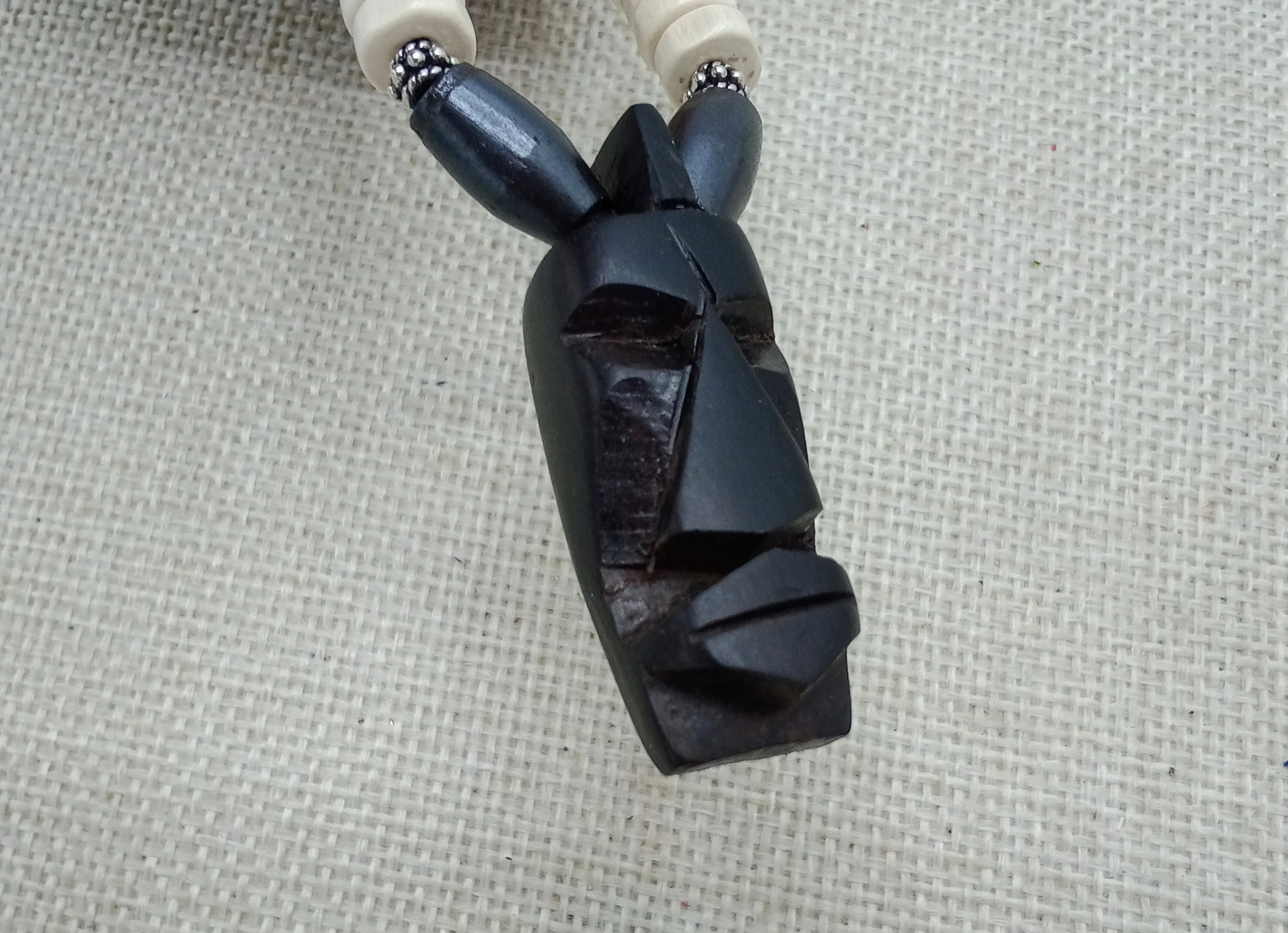 African Wooden Pendant Beaded White Men Gift for Him Black Owned