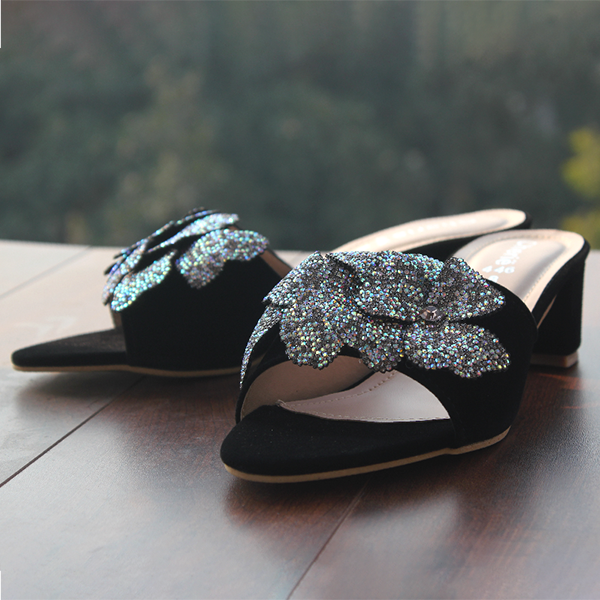 Black Fancy Heel Slippers for women