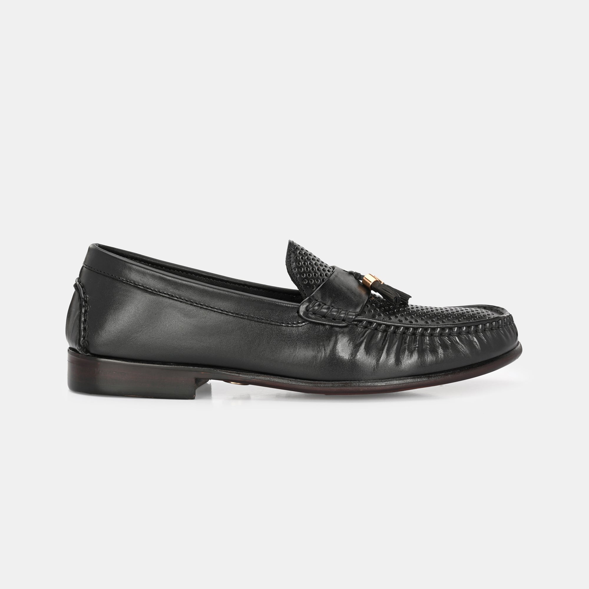 Black Perforated Tassel Loafers by Lafattio