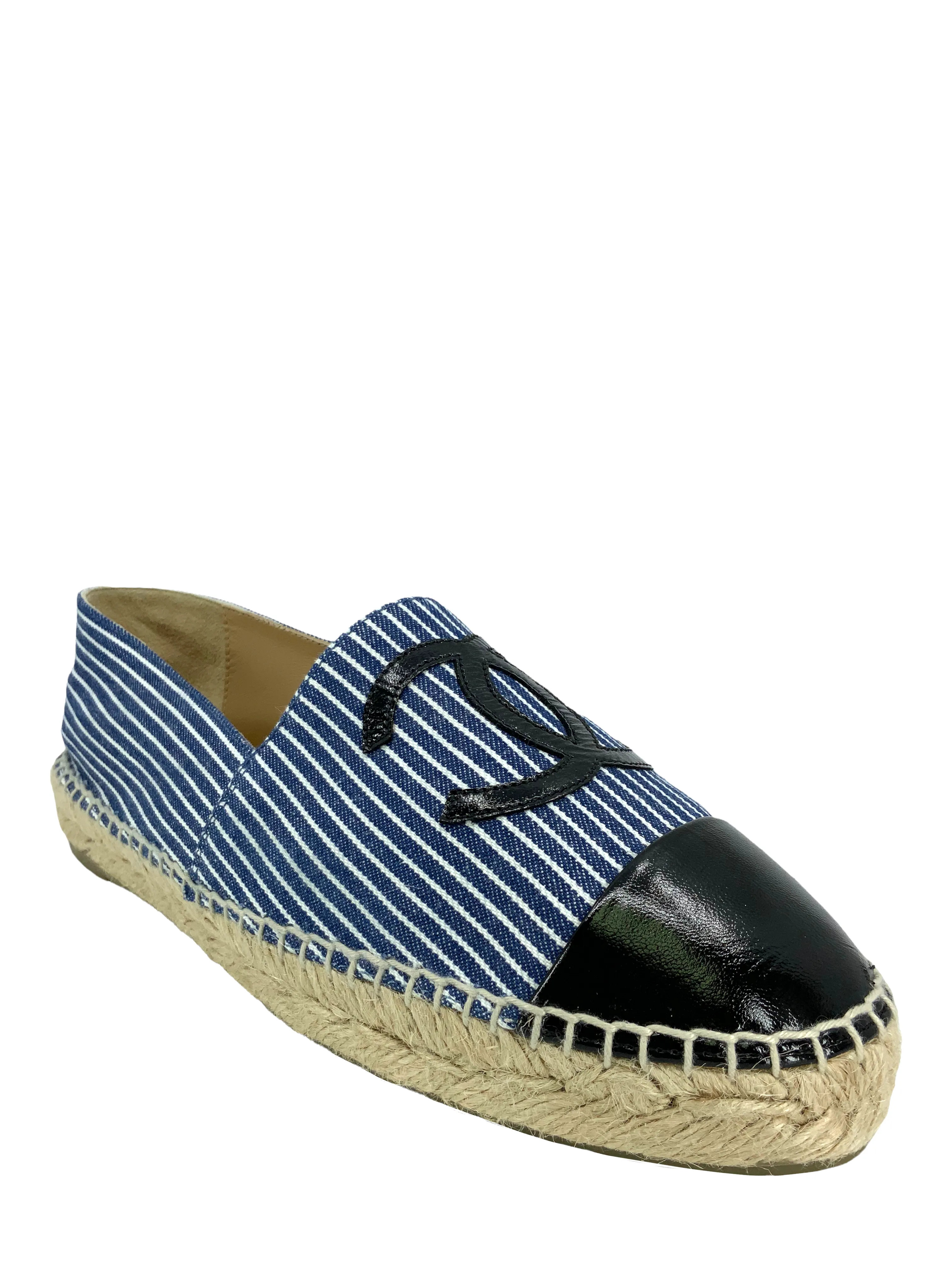 CHANEL Canvas Striped Patent Leather CC Espadrilles Size 9