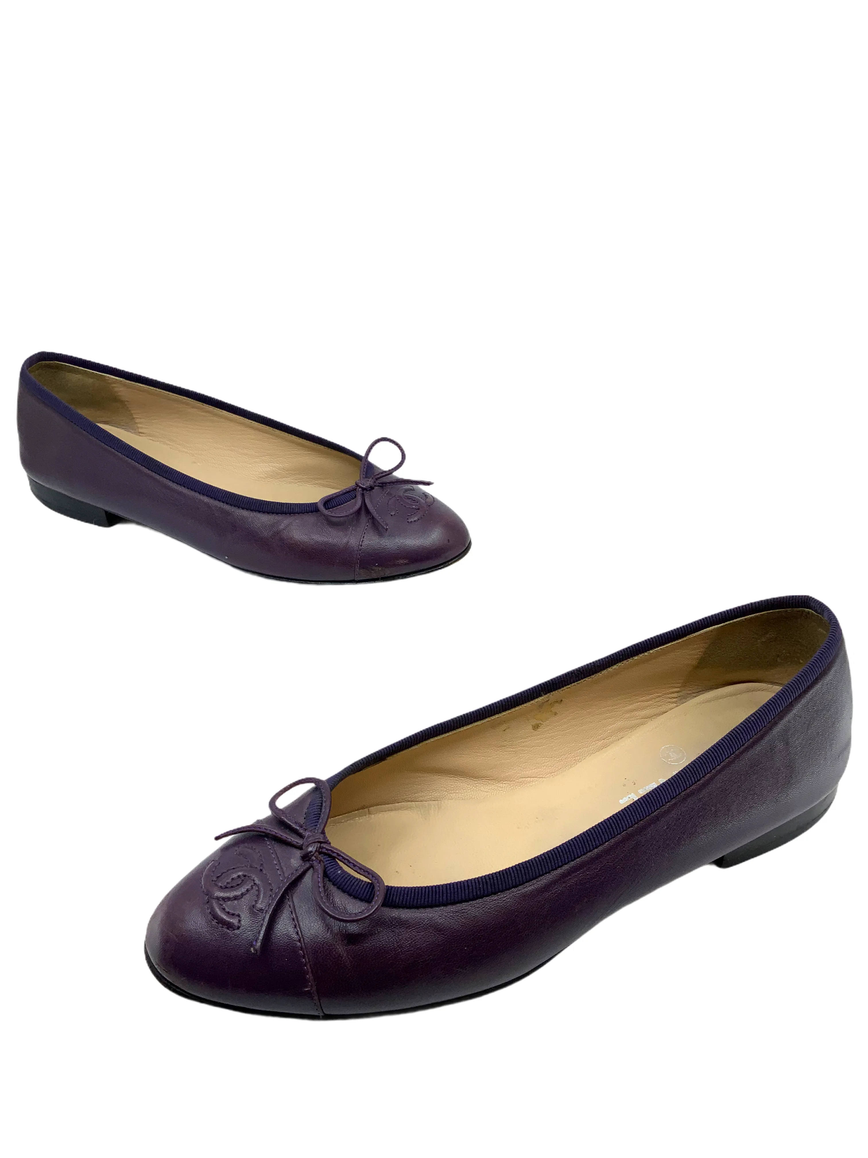 Chanel CC Cap Toe Lambskin Leather Ballet Flats Size 8