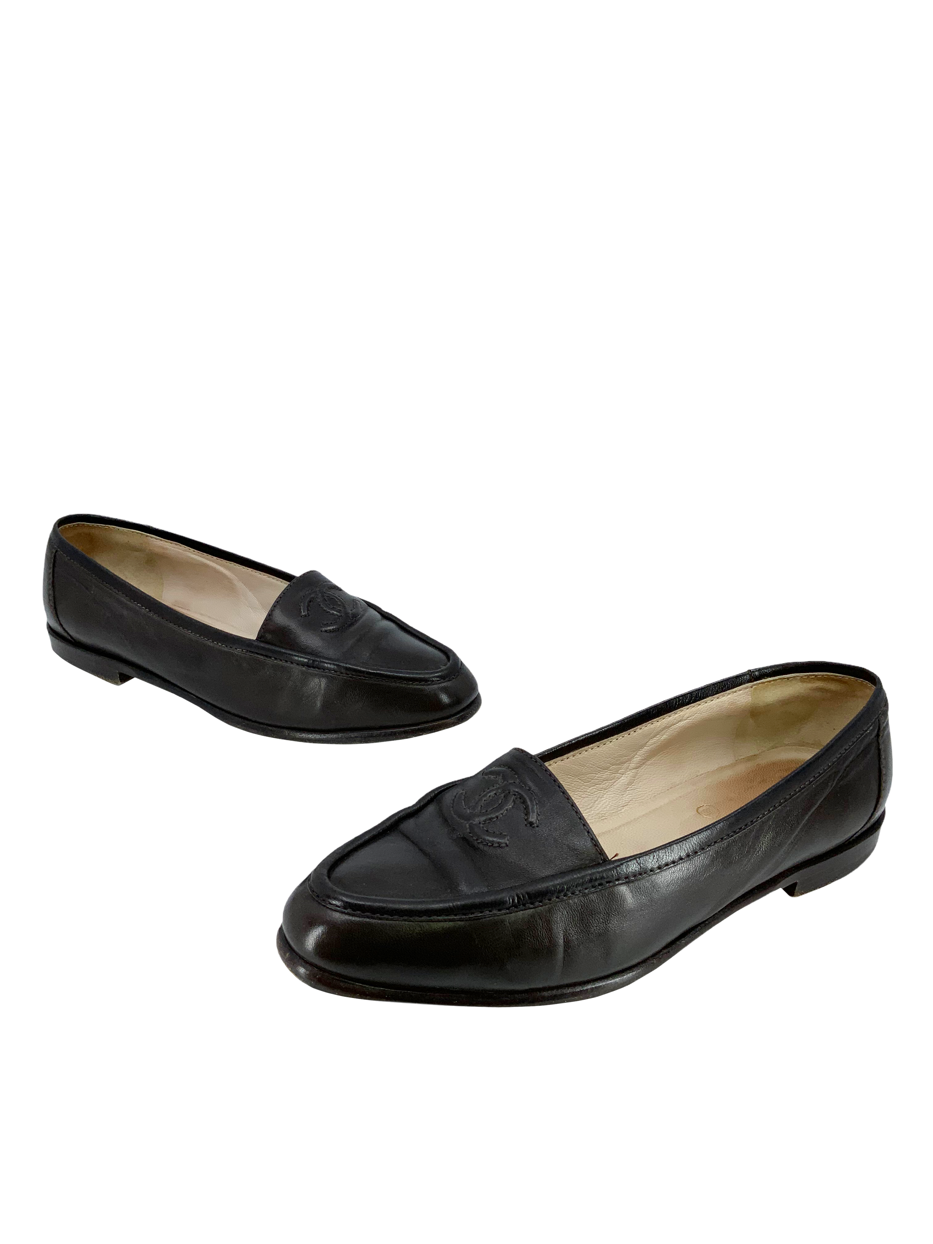 CHANEL Lambskin Leather CC Loafers Size 7.5