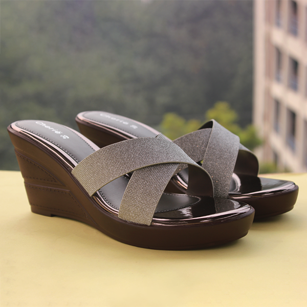 Grey Fancy Wedge Heel Slippers for women