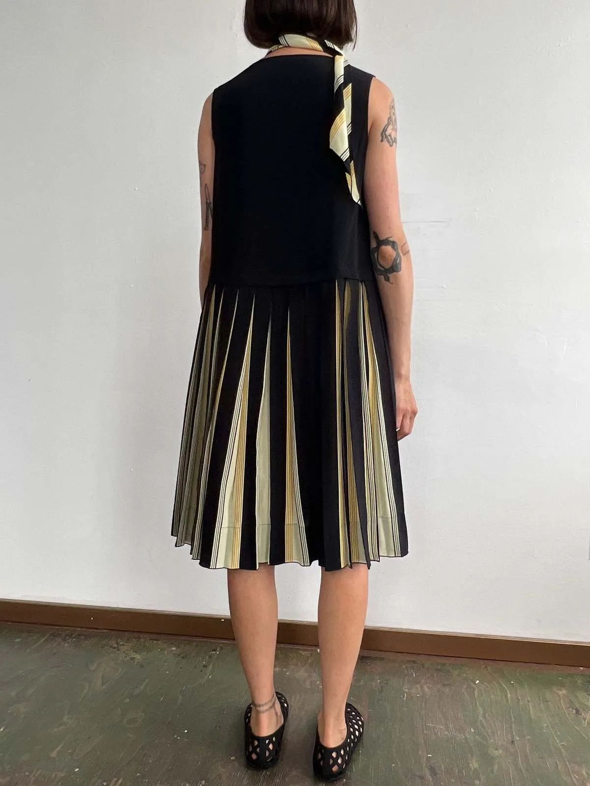 Marc Jacobs Silk Stripe + Pleated Dress - Black/White