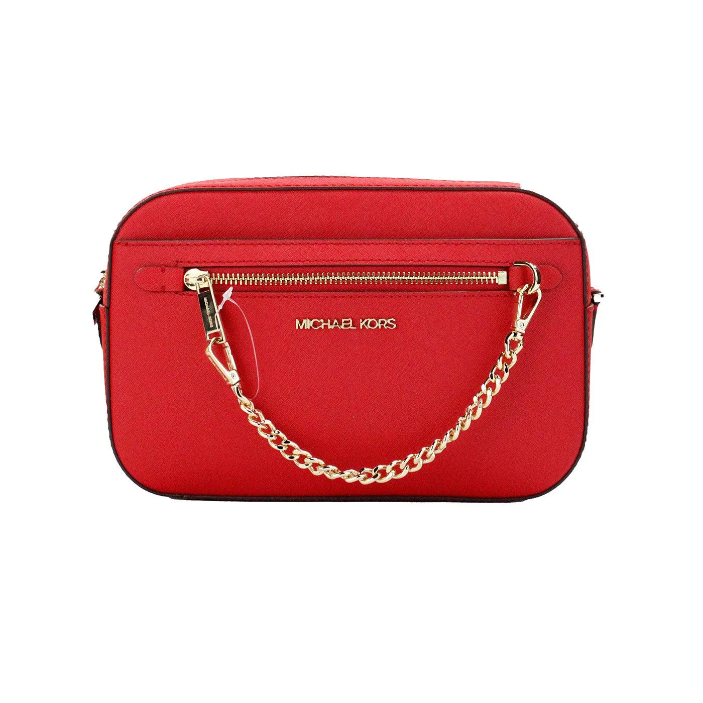 Michael Kors Jet Set Large East West Bright Red Leather Zip Chain Crossbody Bag