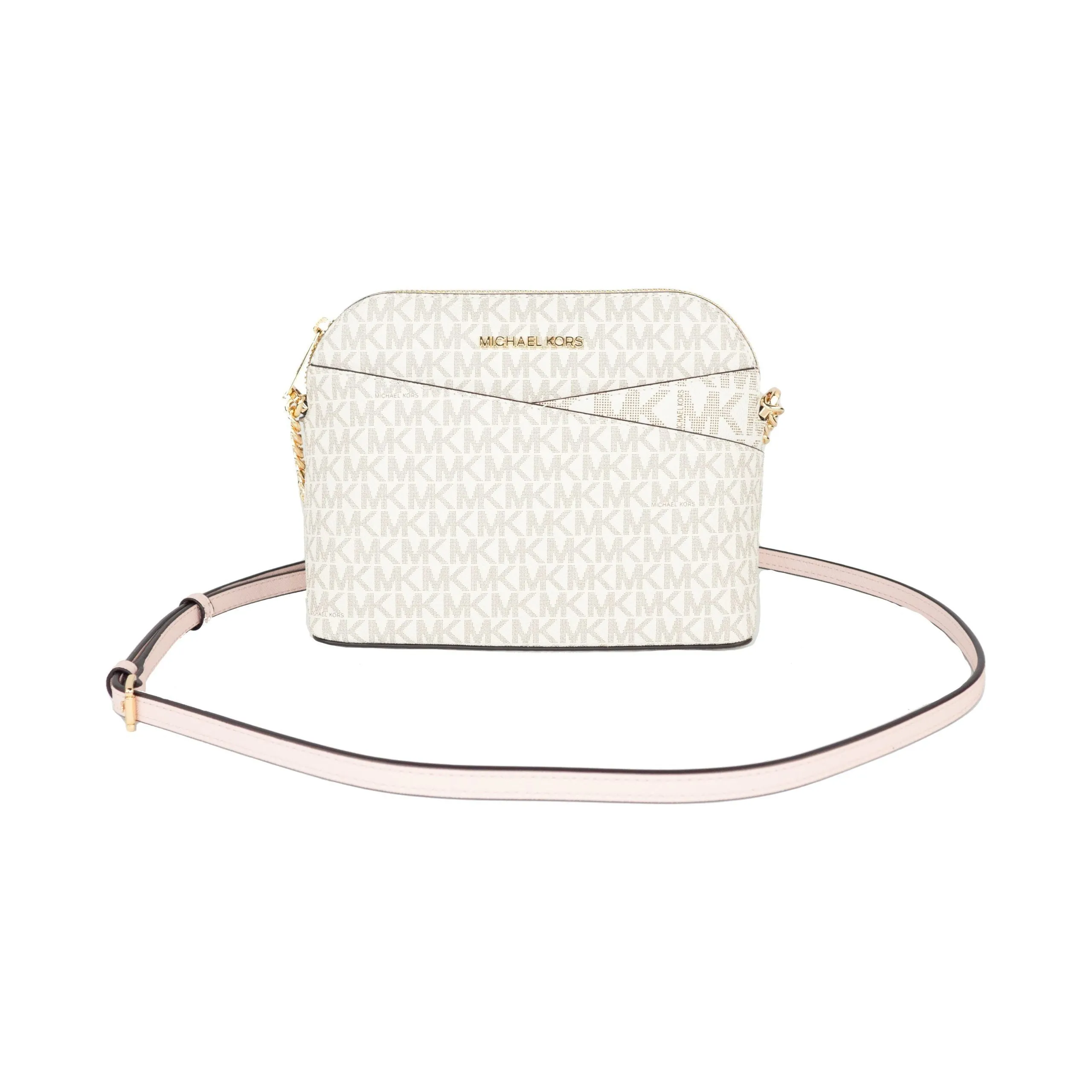 Michael Kors Jet Set Travel Medium Leather X Cross Dome Crossbody Handbag (Vanilla Signature/Powder Blush)