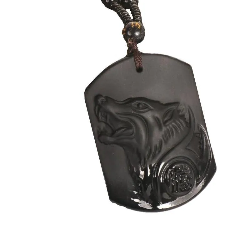 Natural Black Obsidian Carved Wolf Head Pendant Necklace