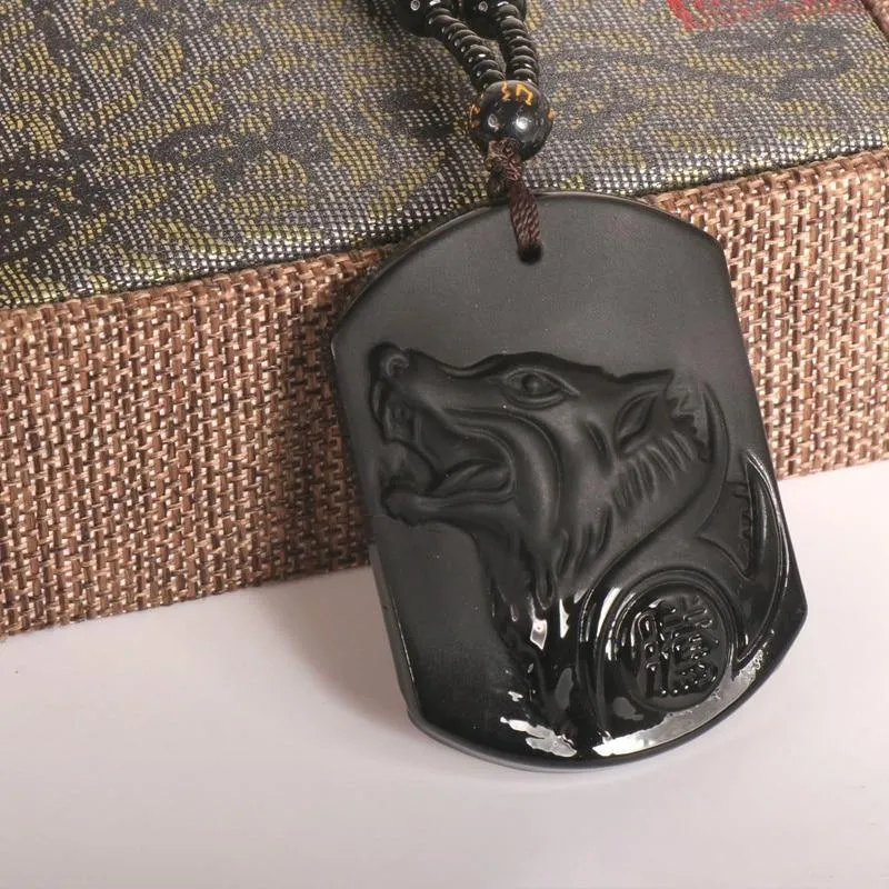 Natural Black Obsidian Carved Wolf Head Pendant Necklace