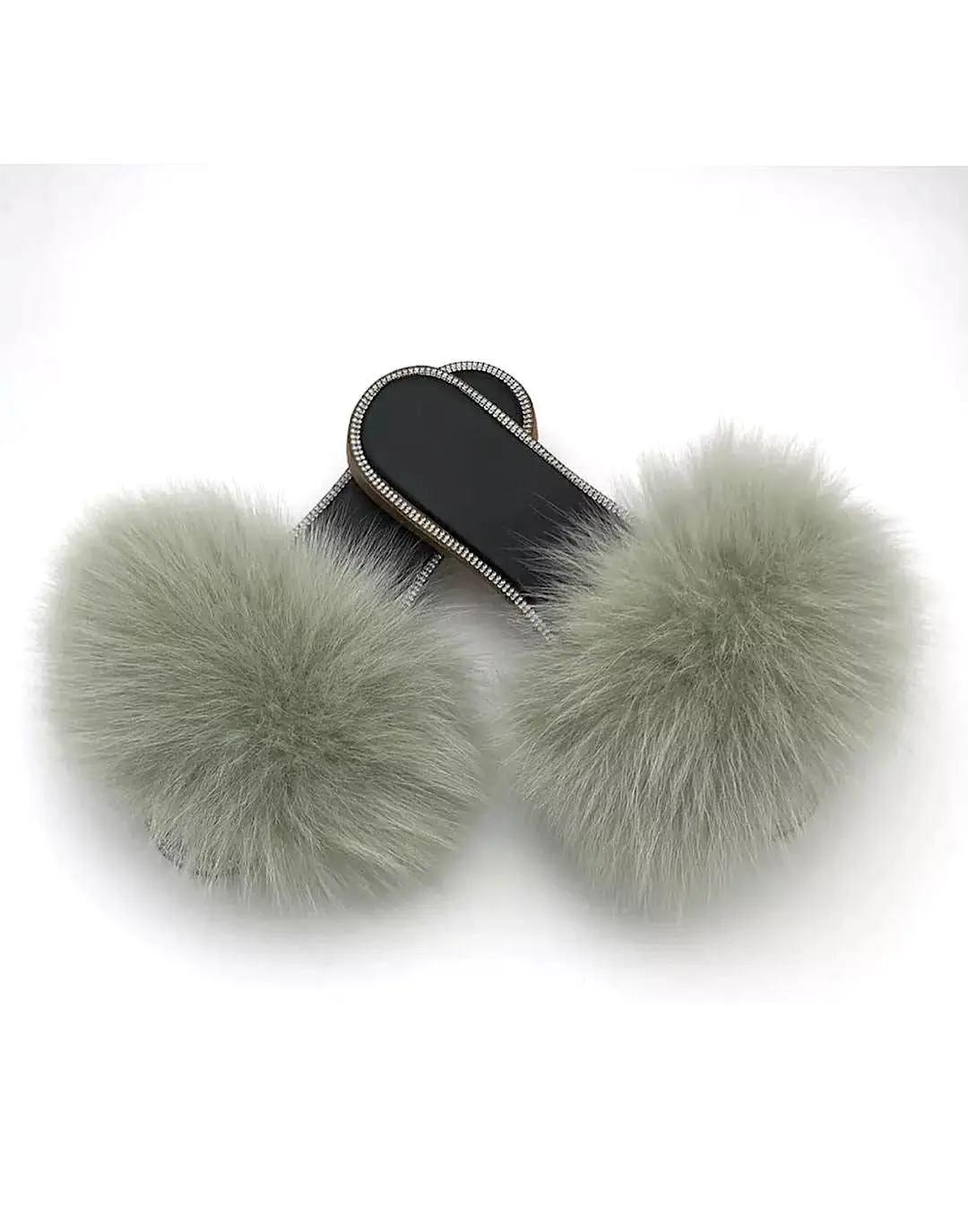 Natural Fur Slides With Rhinestones