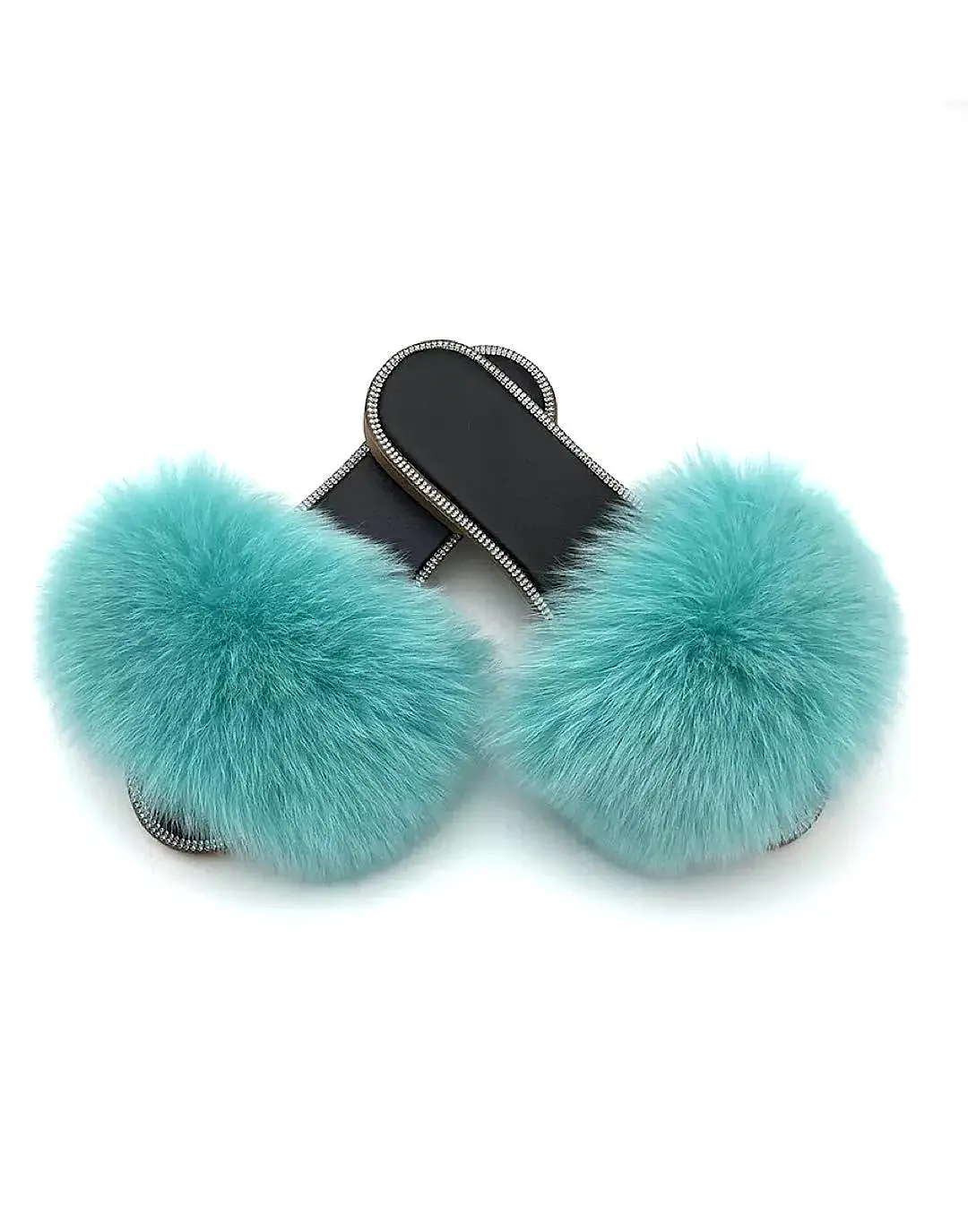 Natural Fur Slides With Rhinestones