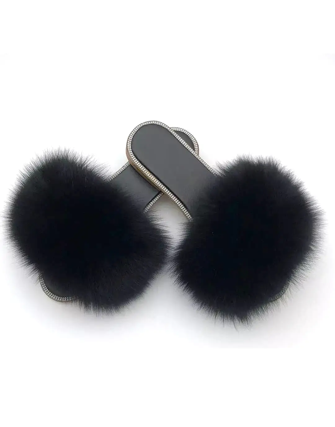 Natural Fur Slides With Rhinestones