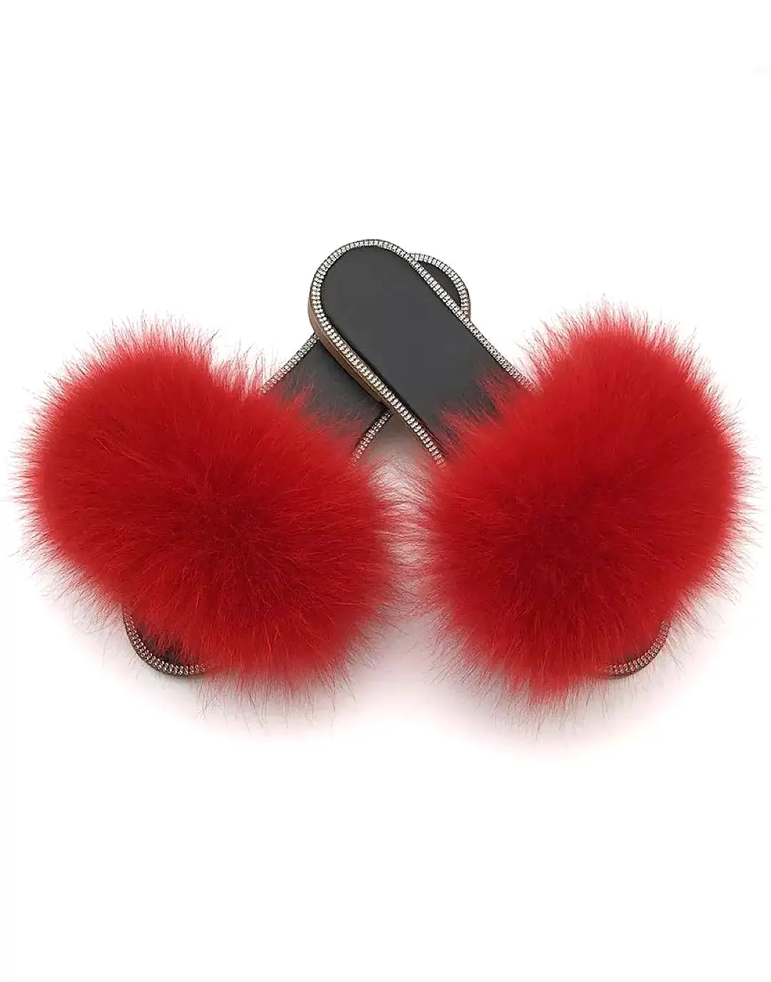 Natural Fur Slides With Rhinestones