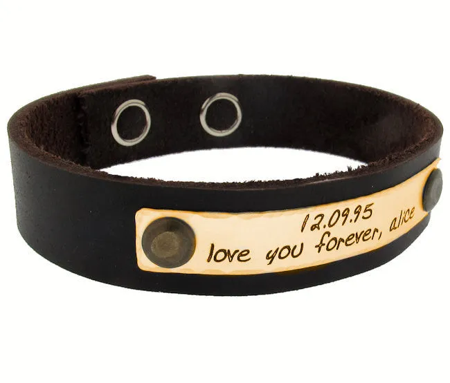 Personalized Leather Bracelet, Custom Engraved Text Cuff