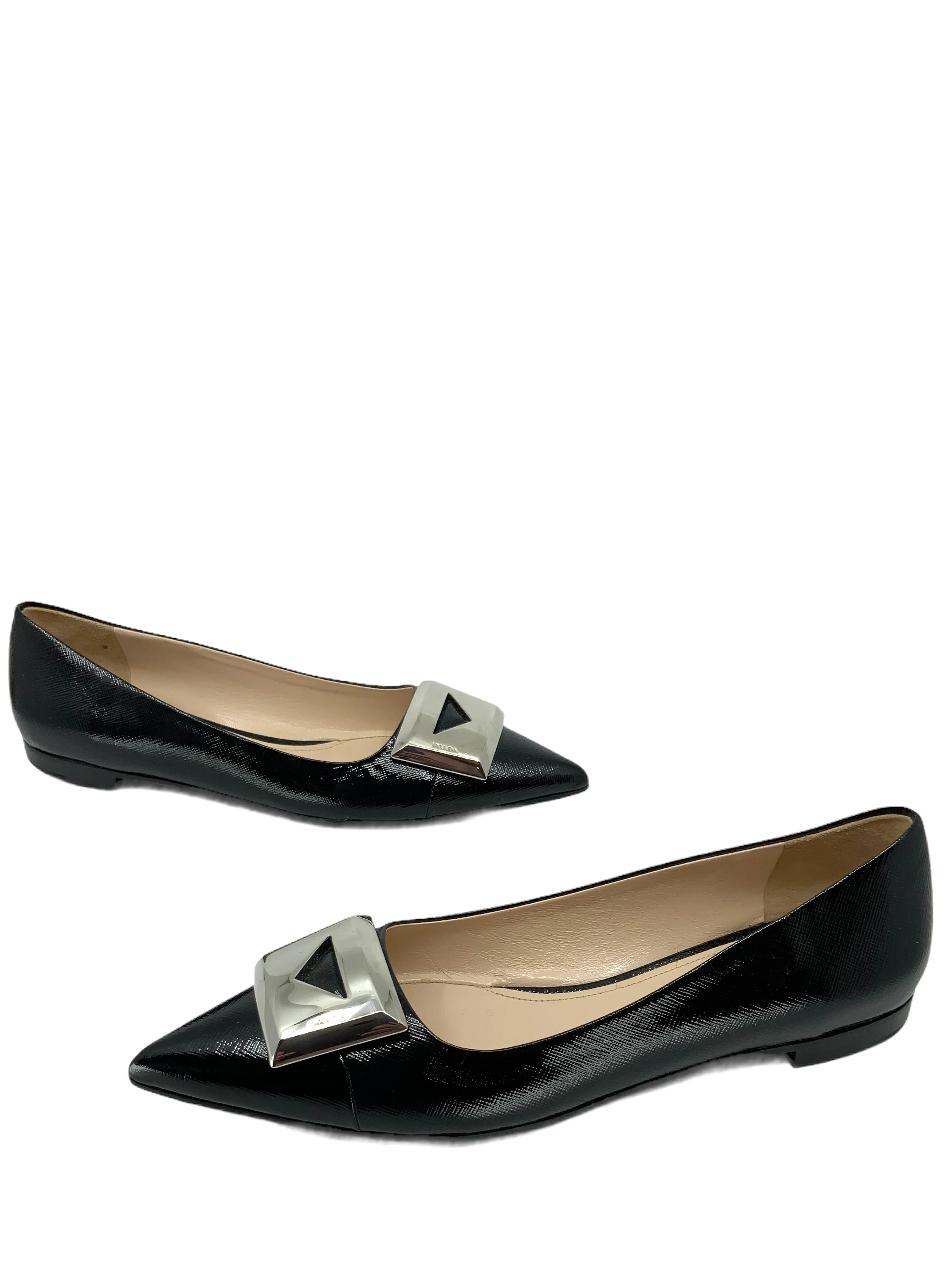 Prada Textured Patent Leather Metal Logo Flats Size 9