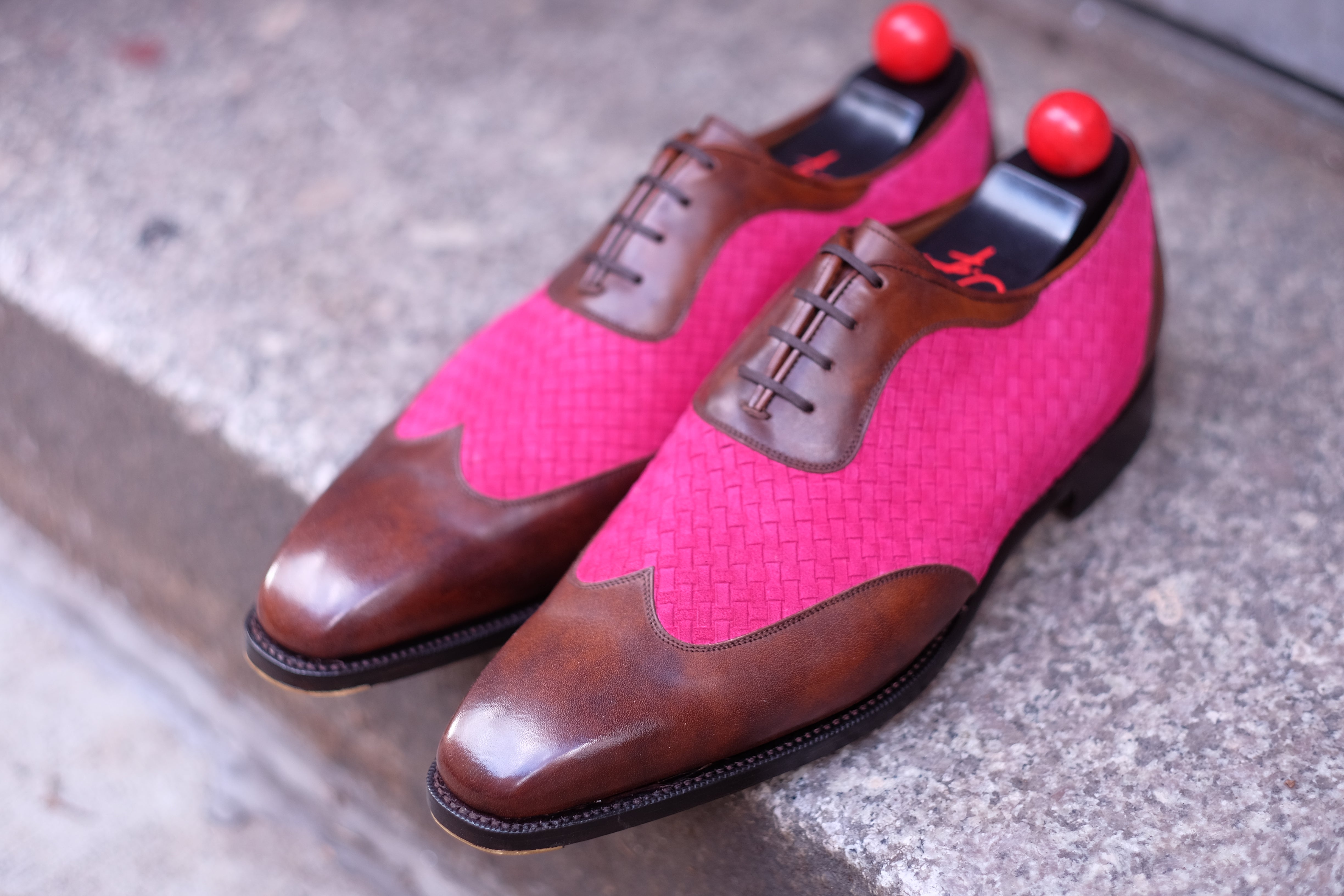 Rainier - MTO - Walnut Museum Calf / Hot Pink Braided Suede - LPB Last - Single Leather Sole