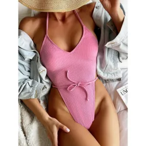 Sexy Micro Bikini Women Solid Pink Ribbed Push Up One Piece Swimsuit Lace Up Triangle