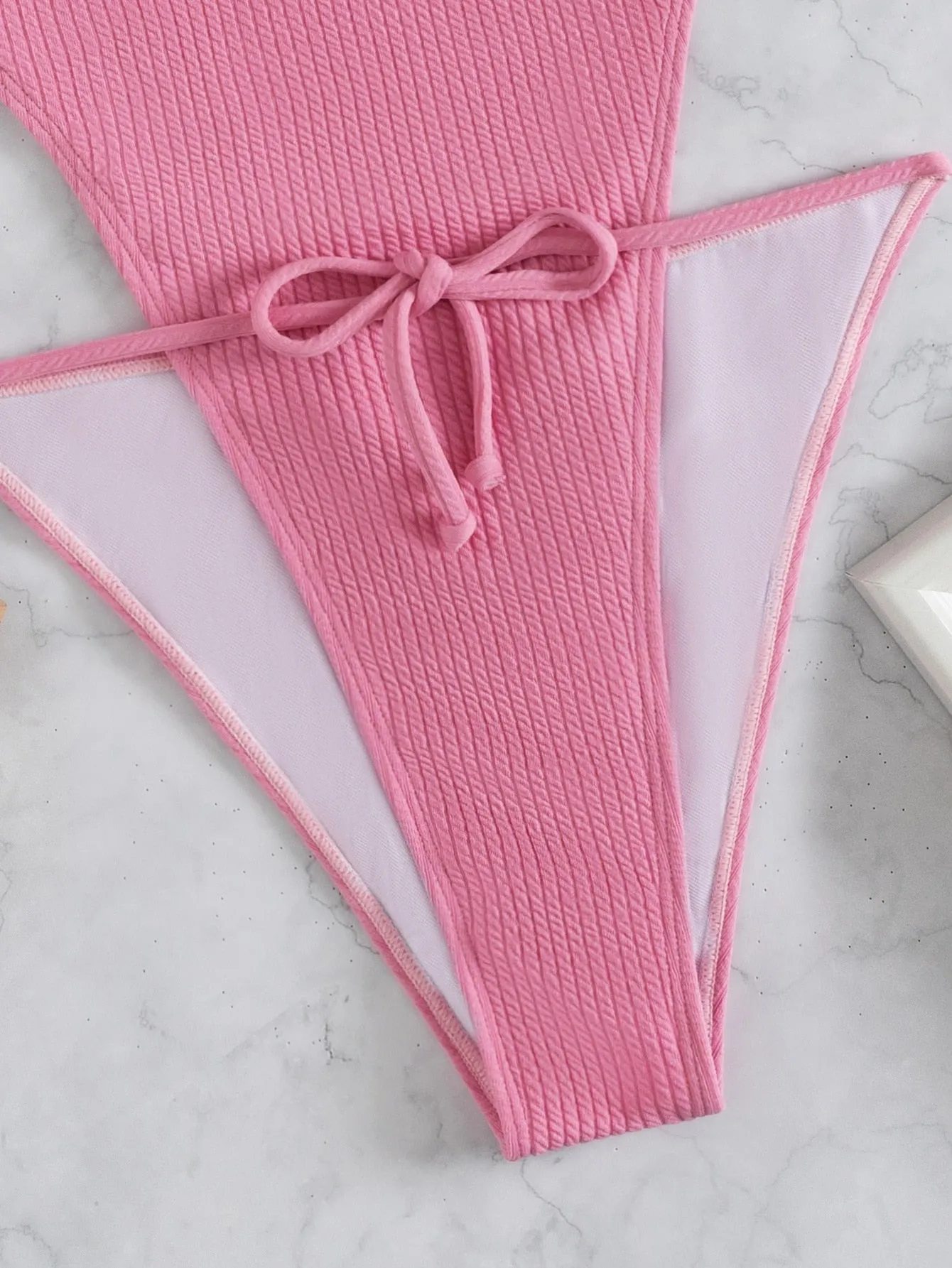 Sexy Micro Bikini Women Solid Pink Ribbed Push Up One Piece Swimsuit Lace Up Triangle