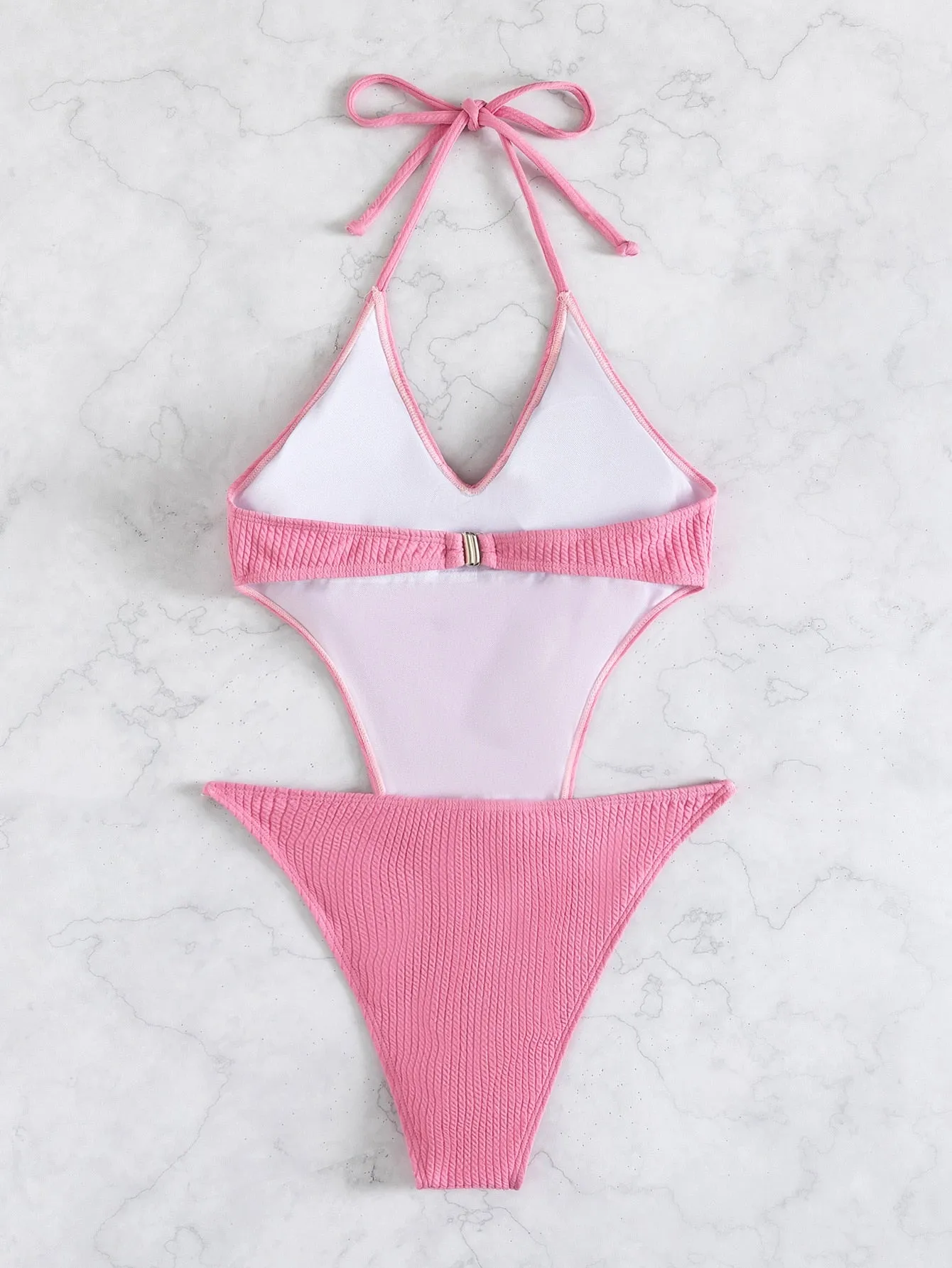 Sexy Micro Bikini Women Solid Pink Ribbed Push Up One Piece Swimsuit Lace Up Triangle