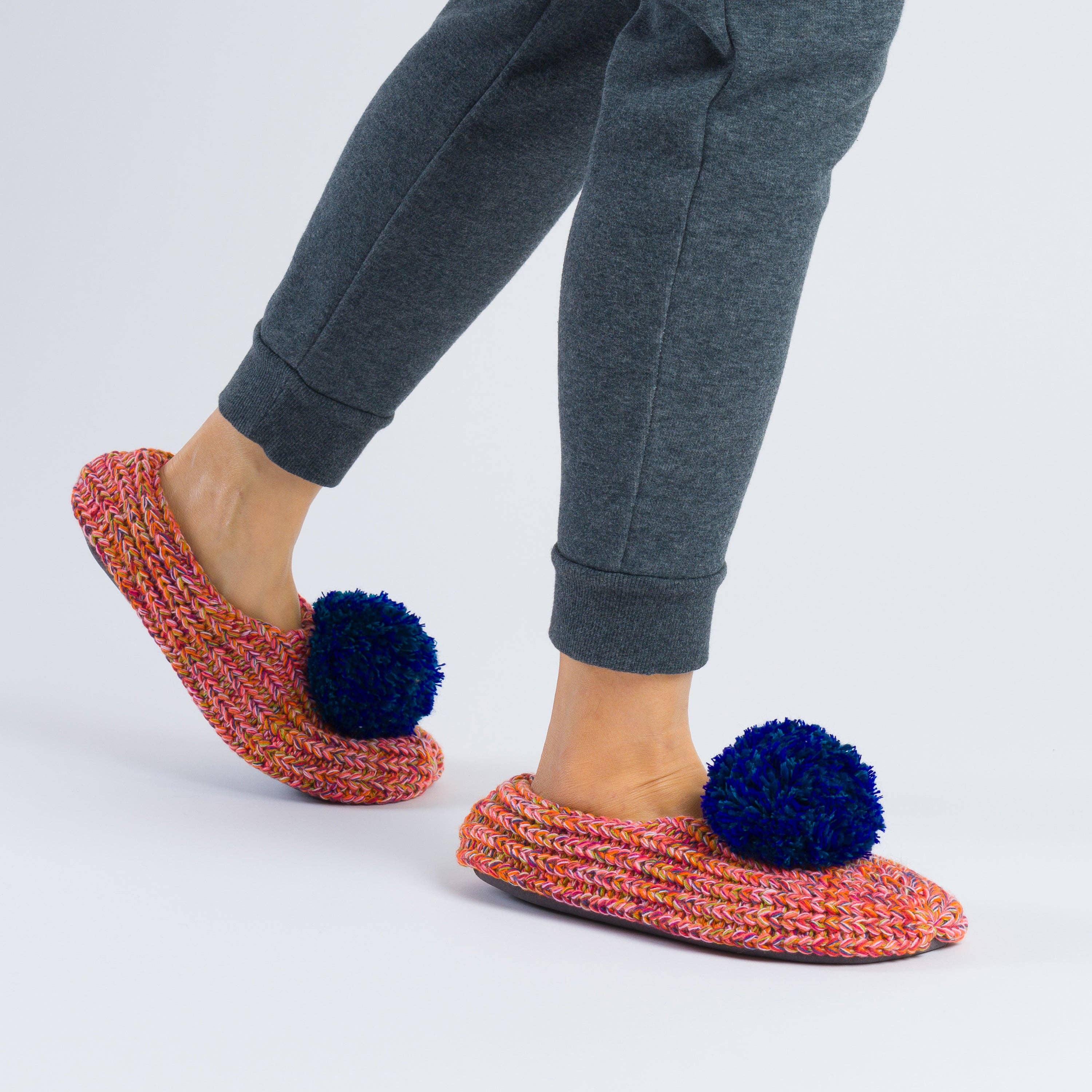 Super Mix Pom Knit Slippers | Red