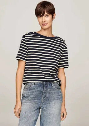 Tommy Hilfiger Button Detail Striped T Shirt, Navy