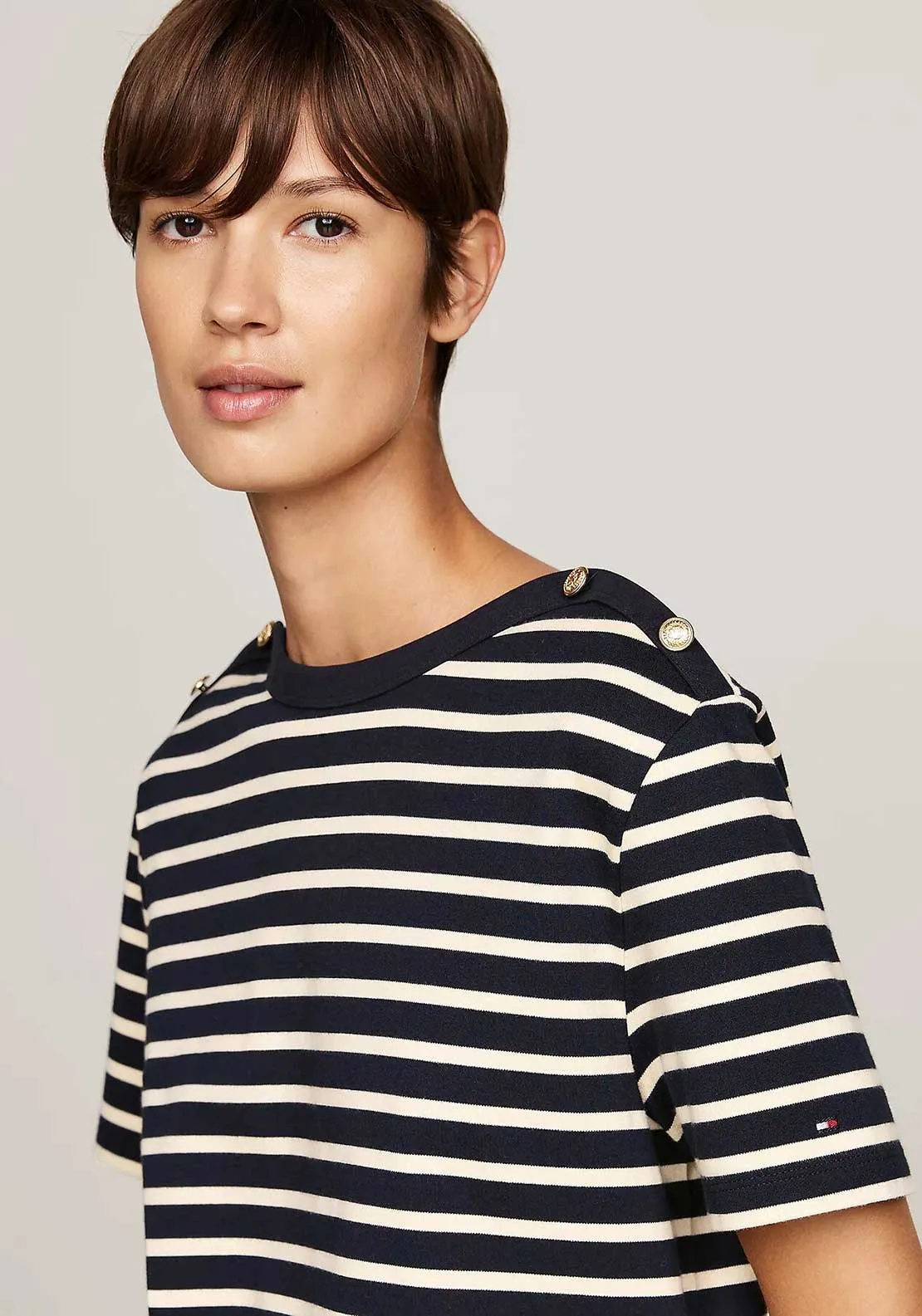 Tommy Hilfiger Button Detail Striped T Shirt, Navy