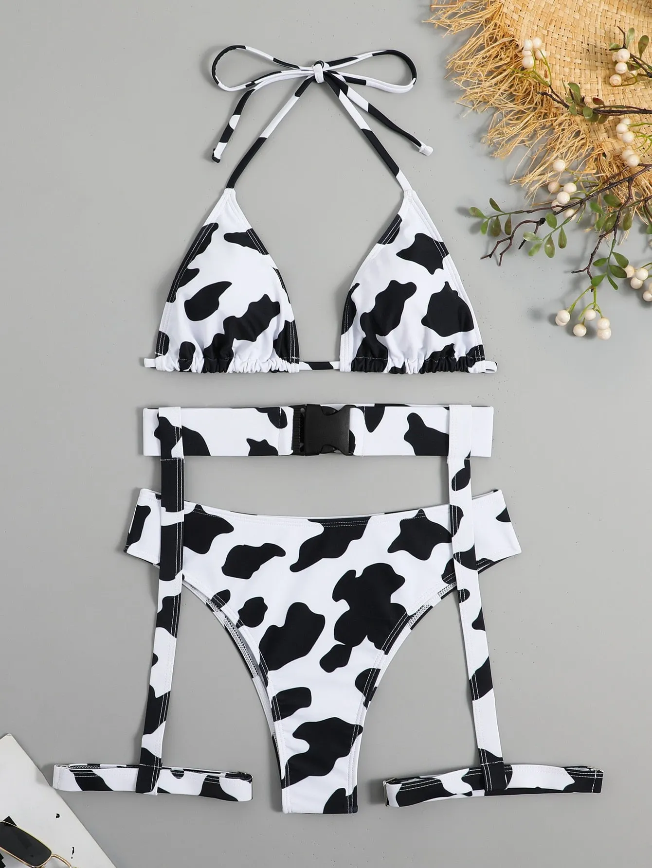 Women's Cow Printed Halter Push-Up Buckle Suspenders 3 Piece Swimsuit