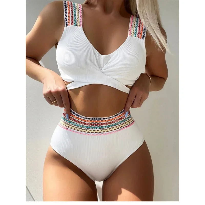 Women's High Waist Solid White Rainbow Strap Beachwear Swimsuit