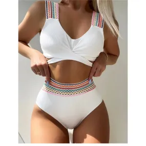 Women's High Waist Solid White Rainbow Strap Beachwear Swimsuit