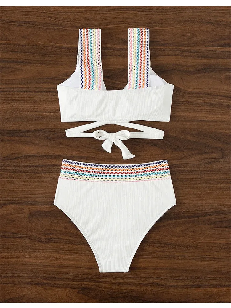 Women's High Waist Solid White Rainbow Strap Beachwear Swimsuit