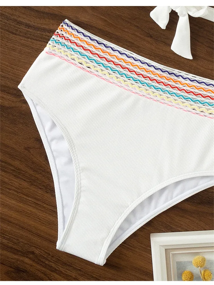 Women's High Waist Solid White Rainbow Strap Beachwear Swimsuit