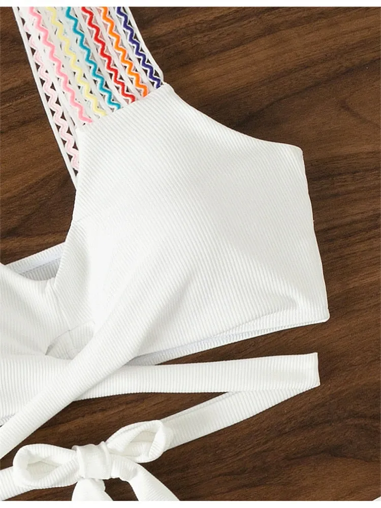 Women's High Waist Solid White Rainbow Strap Beachwear Swimsuit