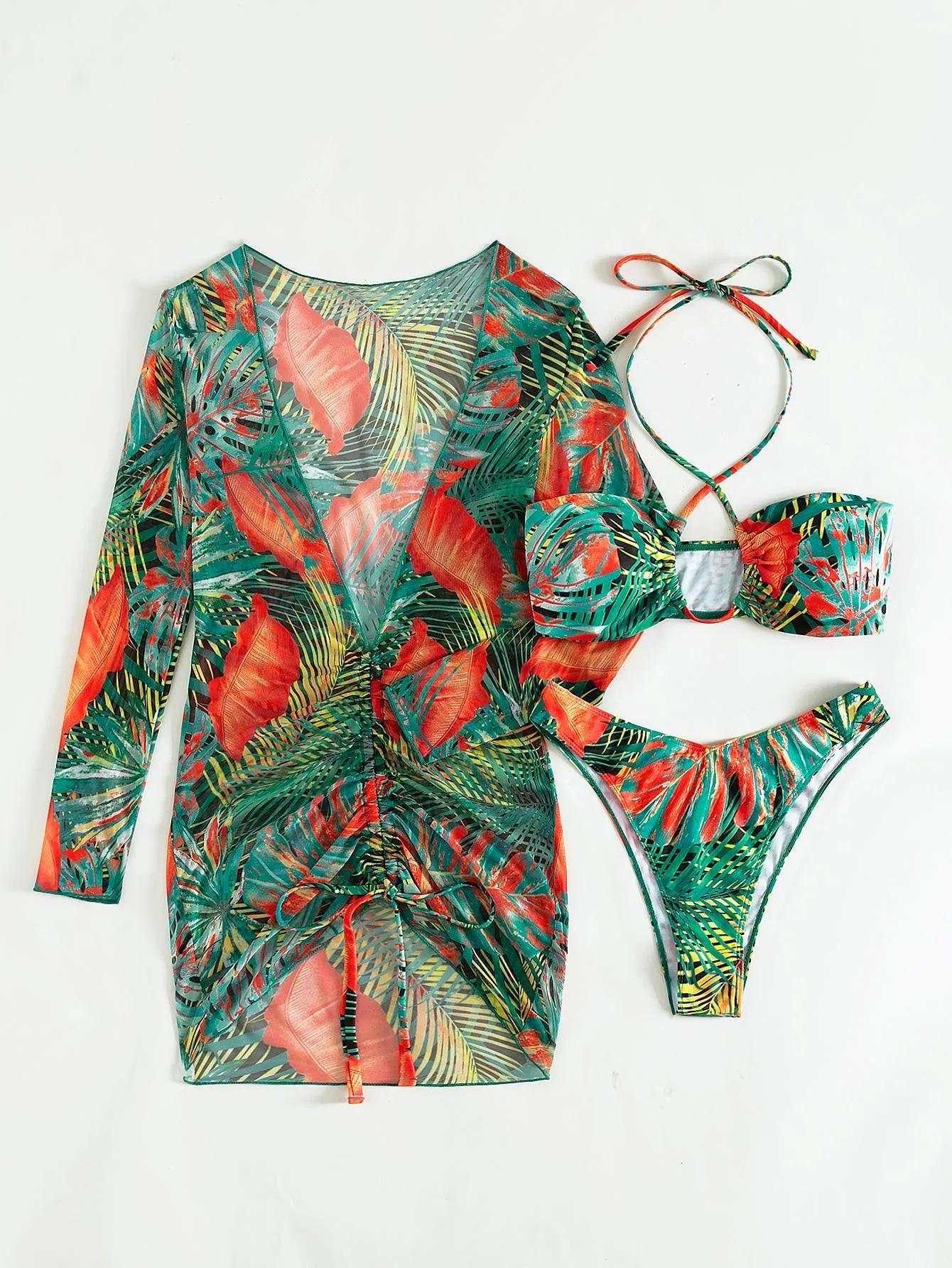 Women's Long Sleeves Green Leaves Print Cover Up 3 Piece Swimsuit