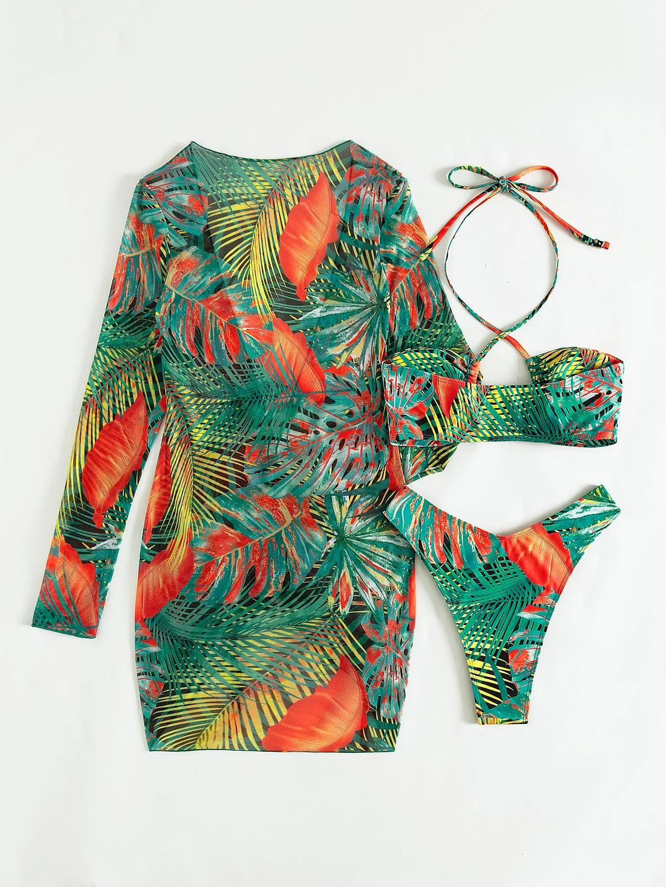 Women's Long Sleeves Green Leaves Print Cover Up 3 Piece Swimsuit