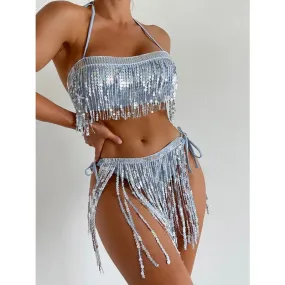 Women's Shiny Glitter Sequin Tassel High Waist Push-Up Bikini Swimwear